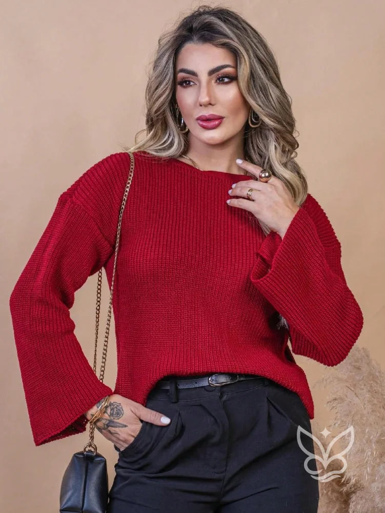 Blusa Tricot Cropped com Manga Longa Flare Vinho / PP Blusa Tricot Cropped com Manga Longa Flare