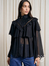 Blusa Tule Boho Com Gola Alta Babados E Manga Longa Preto / PP Blusa Tule Boho Com Gola Alta Babados E Manga Longa
