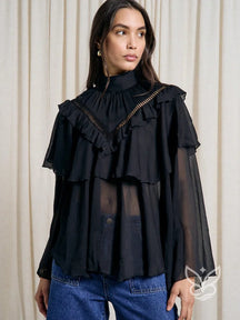Blusa Tule Boho Com Gola Alta Babados E Manga Longa Preto / PP Blusa Tule Boho Com Gola Alta Babados E Manga Longa