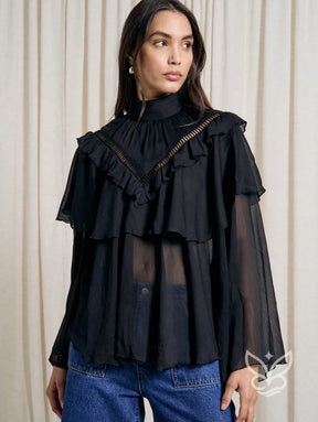 Blusa Tule Boho Com Gola Alta Babados E Manga Longa Preto / PP Blusa Tule Boho Com Gola Alta Babados E Manga Longa