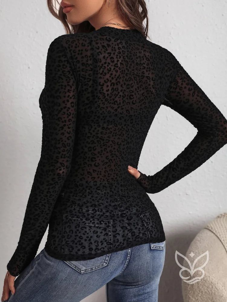 Blusa Tule Com Estampa Animal E Transparência Sem Bojo Blusa Tule Com Estampa Animal E Transparência Sem Bojo