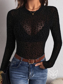 Blusa Tule Com Estampa Animal E Transparência Sem Bojo Preto / PP Blusa Tule Com Estampa Animal E Transparência Sem Bojo