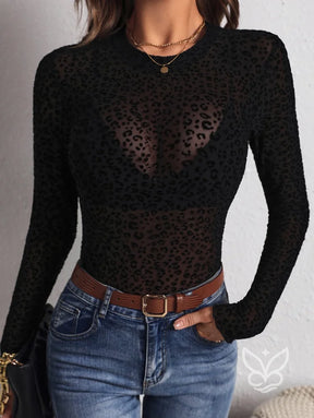 Blusa Tule Com Estampa Animal E Transparência Sem Bojo Preto / PP Blusa Tule Com Estampa Animal E Transparência Sem Bojo
