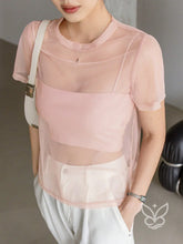 Blusa Tule Com Gola Redonda Manga Curta E Caimento Leve Rosa / PP Blusa Tule Com Gola Redonda Manga Curta E Caimento