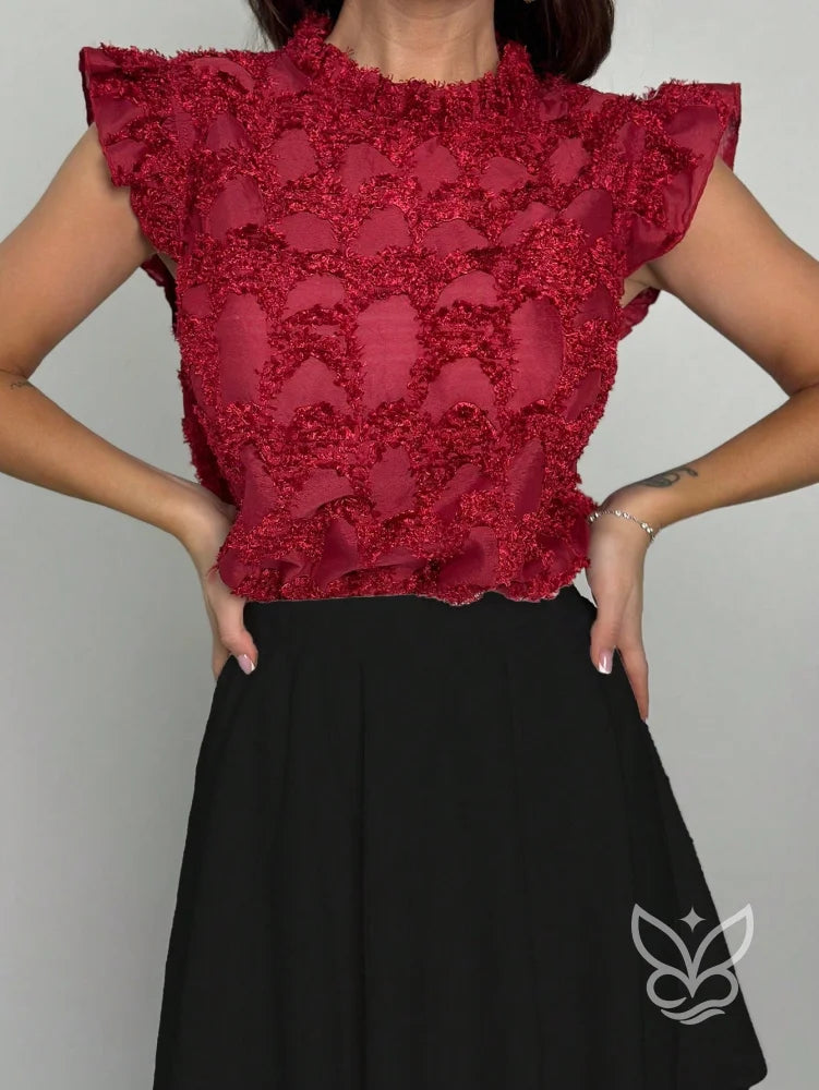 Blusa Tule Com Manga Bufante Rendada E Babados Na Barra Blusa Tule Com Manga Bufante Rendada E Babados Na Barra