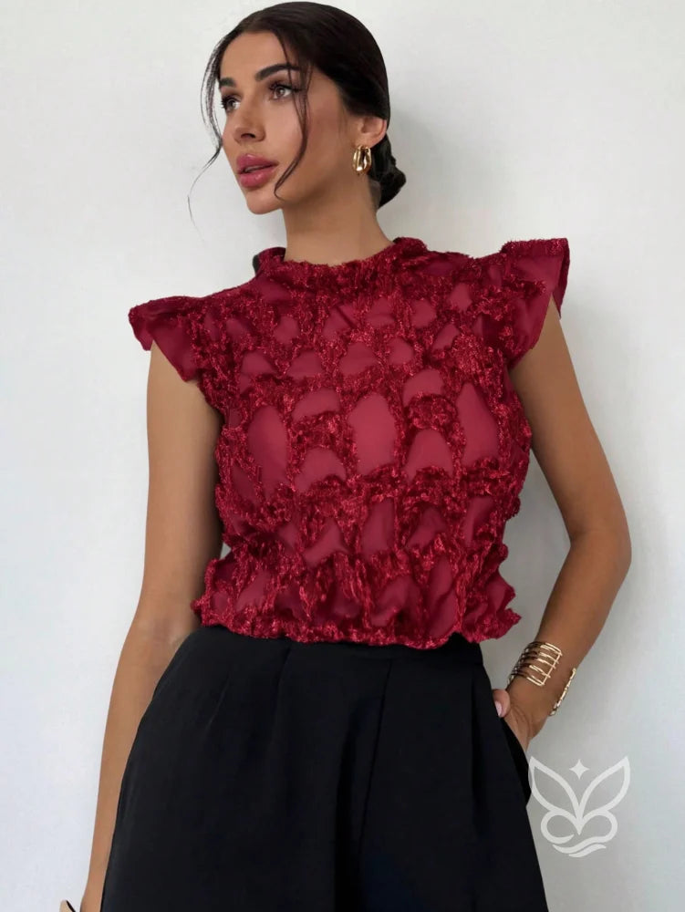 Blusa Tule Com Manga Bufante Rendada E Babados Na Barra Blusa Tule Com Manga Bufante Rendada E Babados Na Barra