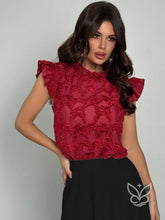 Blusa Tule Com Manga Bufante Rendada E Babados Na Barra Vermelho / PP Blusa Tule Com Manga Bufante Rendada E Babados Na