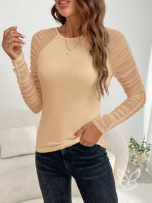 Blusa Tule Com Mangas Raglan Franzidas E Detalhes Contrastantes Damasco / PP Blusa Tule Com Mangas Raglan Franzidas E