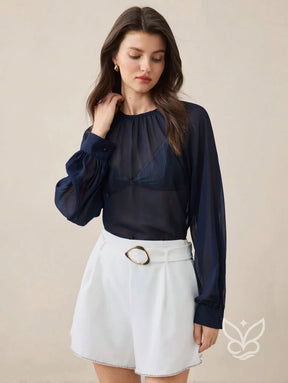 Blusa Tule Plissada Com Mangas Lanterna E Caimento Solto Blusa Tule Plissada Com Mangas Lanterna E Caimento Solto