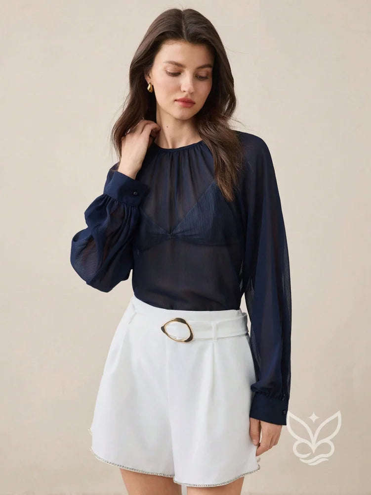 Blusa Tule Plissada Com Mangas Lanterna E Caimento Solto Blusa Tule Plissada Com Mangas Lanterna E Caimento Solto
