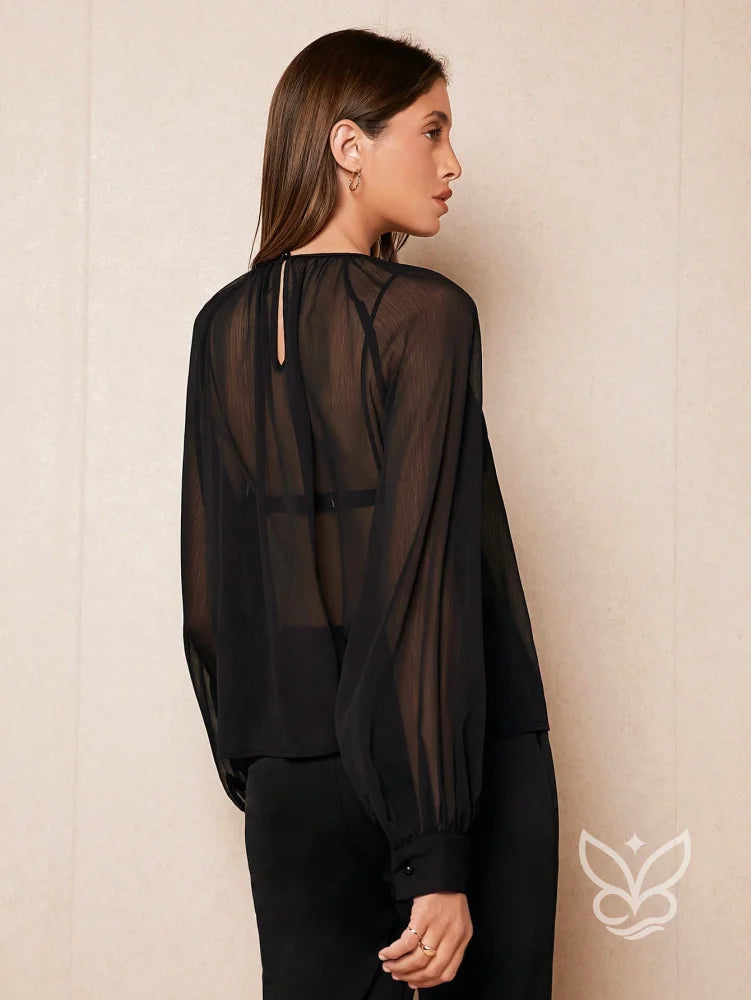 Blusa Tule Plissada Com Mangas Lanterna E Caimento Solto Blusa Tule Plissada Com Mangas Lanterna E Caimento Solto