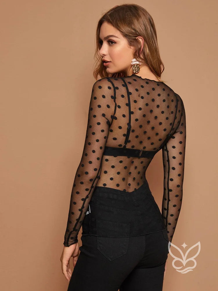 Blusa Tule Poá Transparente Com Gola Alta Sem Bojo Blusa Tule Poá Transparente Com Gola Alta Sem Bojo