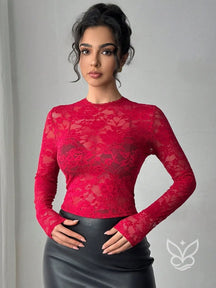 Blusa Tule Rendada Com Manga Curta E Transparência Delicada Vermelho / PP Blusa Tule Rendada Com Manga Curta E