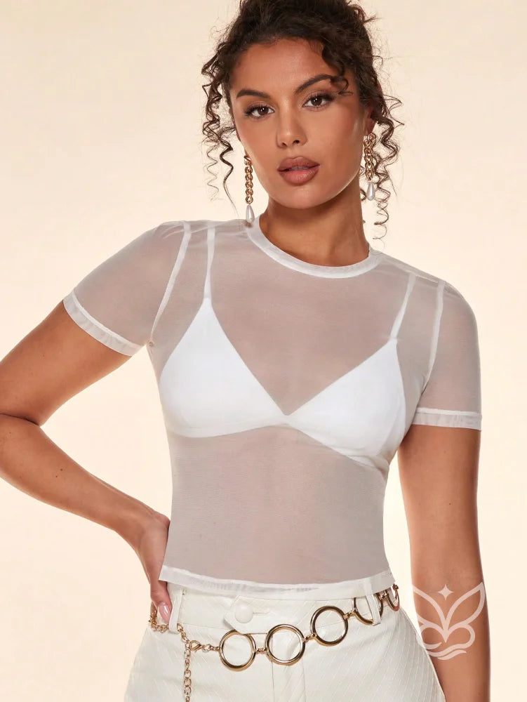 Blusa Tule Transparente Com Gola Redonda E Sem Bojo Branco / PP Blusa Tule Transparente Com Gola Redonda E Sem Bojo