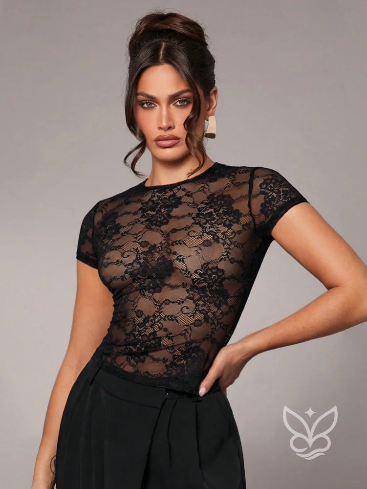 Blusa Tule Transparente Com Manga Curta E Decote Redondo Preto / PP Blusa Tule Transparente Com Manga Curta E Decote
