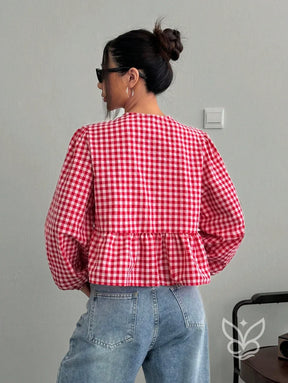 Blusa Xadrez com Laços Frontais e Barra Peplum Charmosa Blusa Xadrez com Laços Frontais e Barra Peplum Charmosa