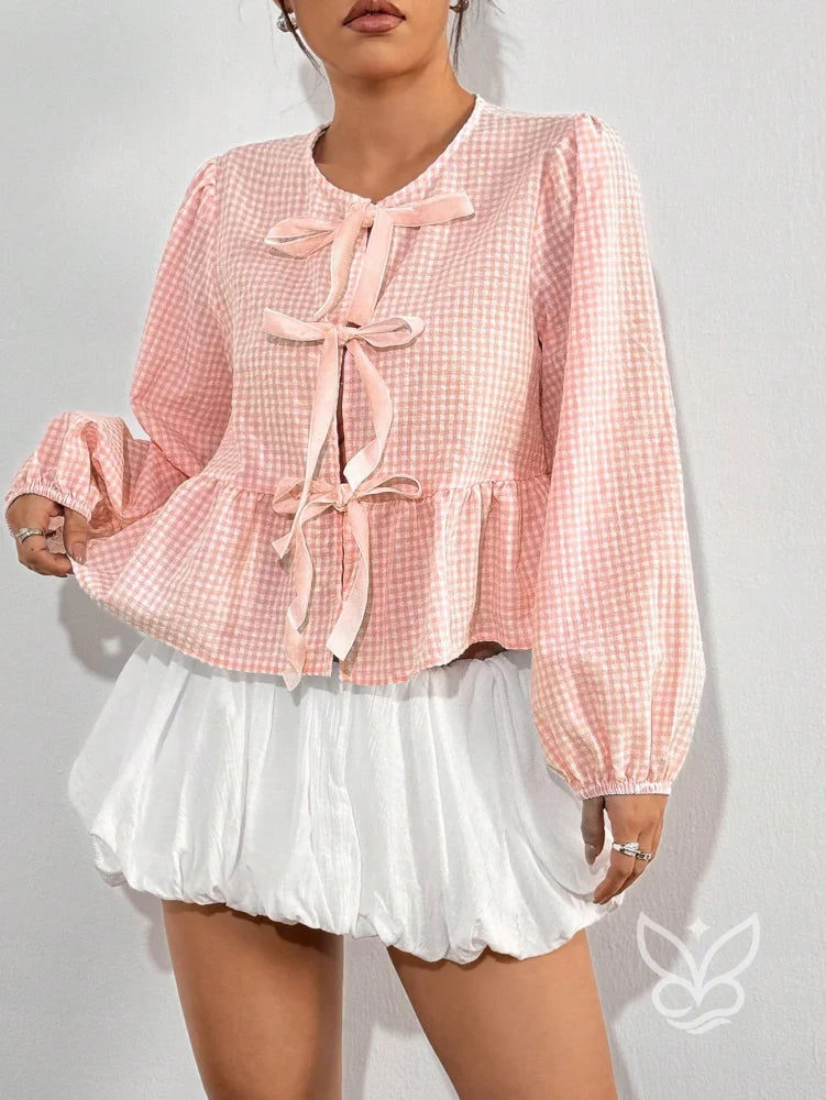 Blusa Xadrez com Laços Frontais e Barra Peplum Charmosa Rosa / PP Blusa Xadrez com Laços Frontais e Barra Peplum