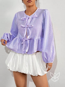 Blusa Xadrez com Laços Frontais e Barra Peplum Charmosa Roxo / PP Blusa Xadrez com Laços Frontais e Barra Peplum
