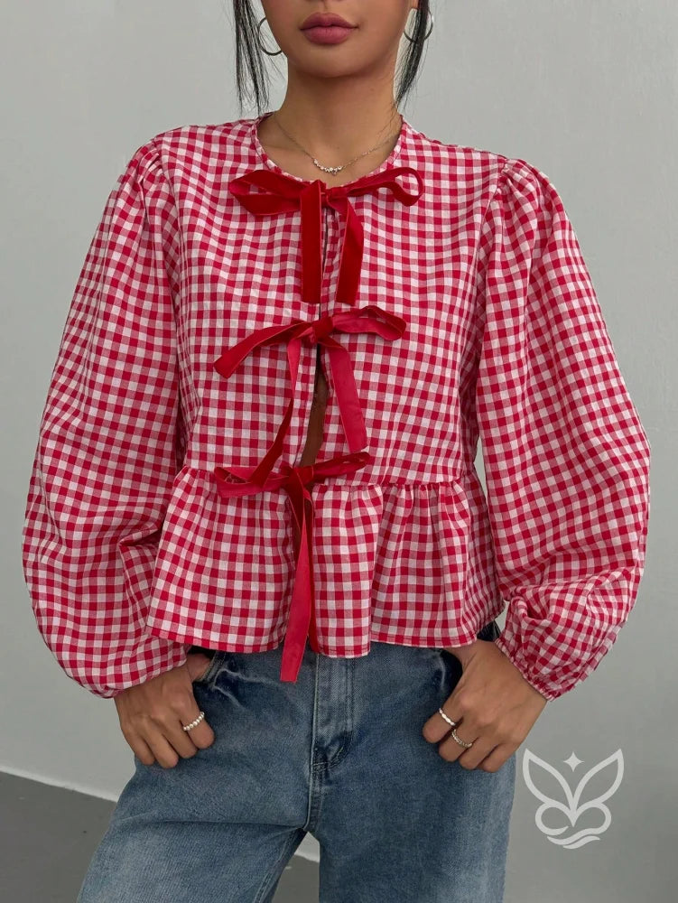 Blusa Xadrez com Laços Frontais e Barra Peplum Charmosa Vermelho / PP Blusa Xadrez com Laços Frontais e Barra Peplum