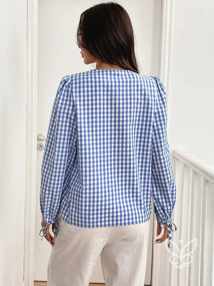 Blusa Xadrez com Laços Frontais e Manga Longa Bufante Blusa Xadrez com Laços Frontais e Manga Longa Bufante