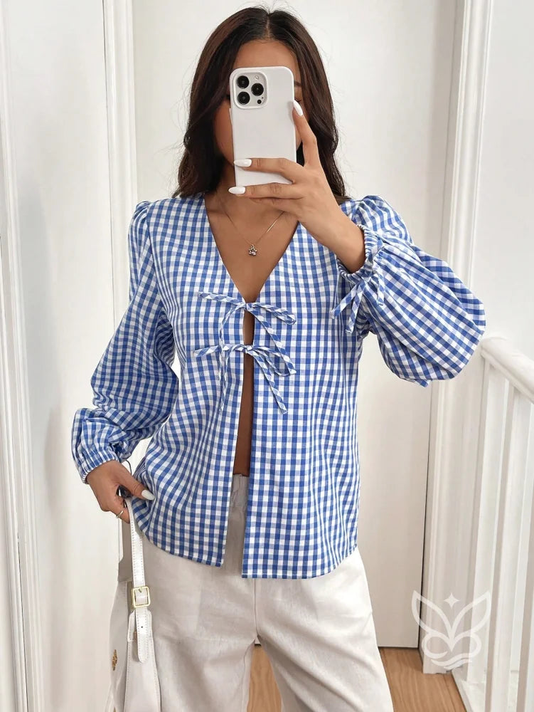 Blusa Xadrez com Laços Frontais e Manga Longa Bufante Xadrez / PP Blusa Xadrez com Laços Frontais e Manga Longa Bufante