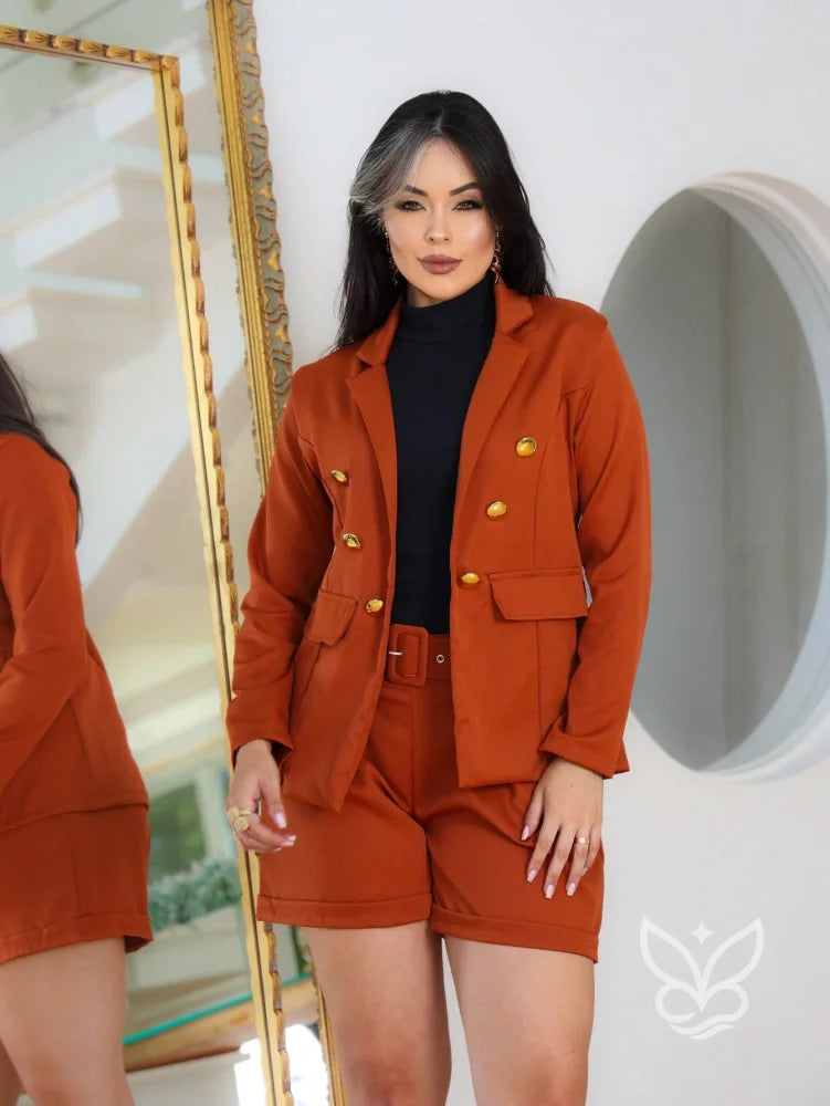 Conjunto Alfaiataria Com Blazer E Shorts Cintura Com Elástico E Cinto Laranja Queimado / PP Conjunto Alfaiataria Com