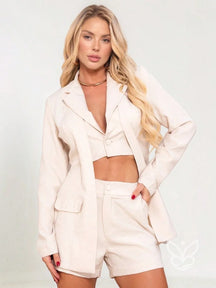 Conjunto Alfaiataria Com Blazer Longo E Top Cropped Bege / PP Conjunto Alfaiataria Com Blazer Longo E Top Cropped