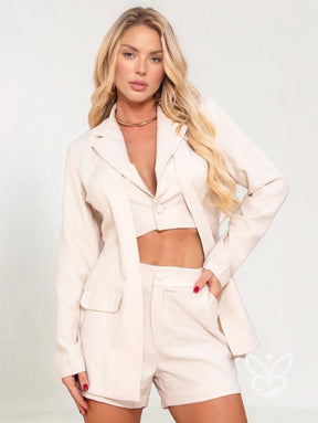 Conjunto Alfaiataria Com Blazer Longo E Top Cropped Bege / PP Conjunto Alfaiataria Com Blazer Longo E Top Cropped