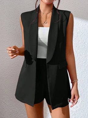 Conjunto Alfaiataria Com Blazer Longo Sem Mangas E Shorts Preto / PP Conjunto Alfaiataria Com Blazer Longo Sem Mangas E