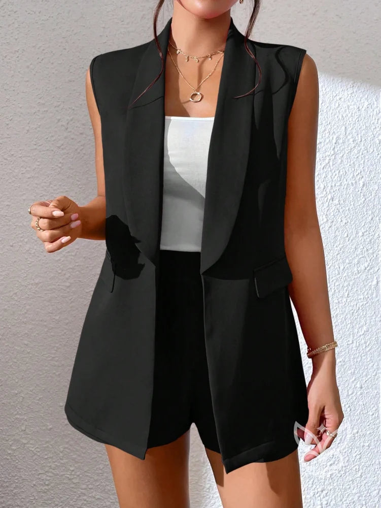 Conjunto Alfaiataria Com Blazer Longo Sem Mangas E Shorts Preto / PP Conjunto Alfaiataria Com Blazer Longo Sem Mangas E