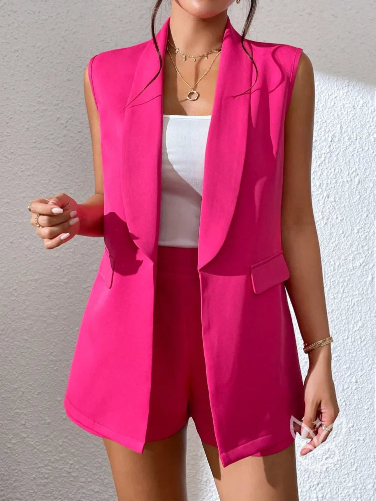 Conjunto Alfaiataria Com Blazer Longo Sem Mangas E Shorts Rosa Pink / PP Conjunto Alfaiataria Com Blazer Longo Sem