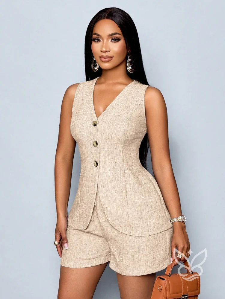 Conjunto Alfaiataria Com Blazer Sem Mangas E Shorts Cintura Alta Conjunto Alfaiataria Com Blazer Sem Mangas E Shorts