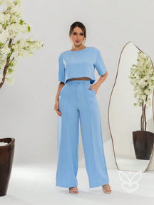 Conjunto Alfaiataria Com Blusa Manga Curta E Calça Pantalona Flare Azul Bebê / PP Conjunto Alfaiataria Com Blusa Manga