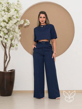 Conjunto Alfaiataria Com Blusa Manga Curta E Calça Pantalona Flare Azul Marinho / PP Conjunto Alfaiataria Com Blusa