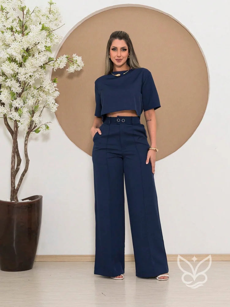 Conjunto Alfaiataria Com Blusa Manga Curta E Calça Pantalona Flare Azul Marinho / PP Conjunto Alfaiataria Com Blusa