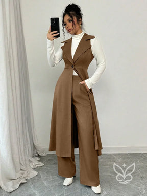Conjunto Alfaiataria Com Colete Alongado E Calça Pantalona Castanho / PP Conjunto Alfaiataria Com Cropped Manga Bufante