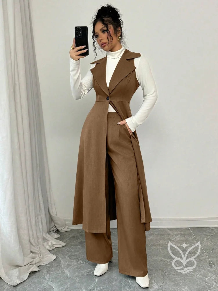 Conjunto Alfaiataria Com Colete Alongado E Calça Pantalona Castanho / PP Conjunto Alfaiataria Com Cropped Manga Bufante