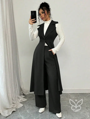 Conjunto Alfaiataria Com Colete Alongado E Calça Pantalona Preto / PP Conjunto Alfaiataria Com Cropped Manga Bufante E