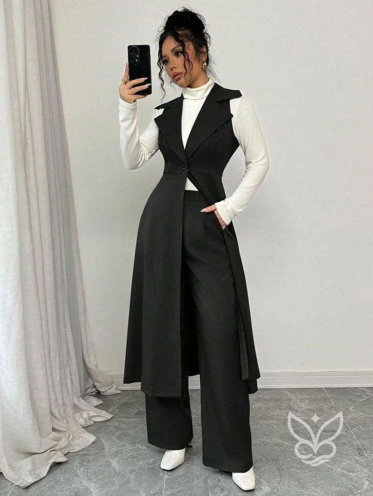 Conjunto Alfaiataria Com Colete Alongado E Calça Pantalona Preto / PP Conjunto Alfaiataria Com Cropped Manga Bufante E