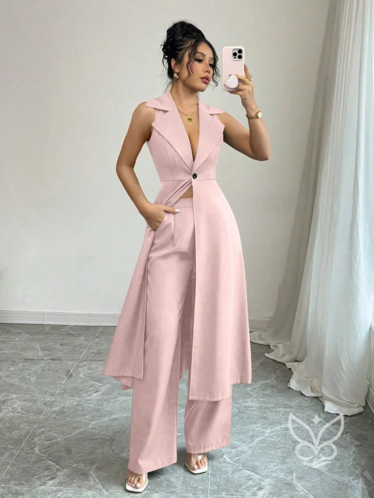 Conjunto Alfaiataria Com Colete Alongado E Calça Pantalona Rosa Bebê / PP Conjunto Alfaiataria Com Cropped Manga