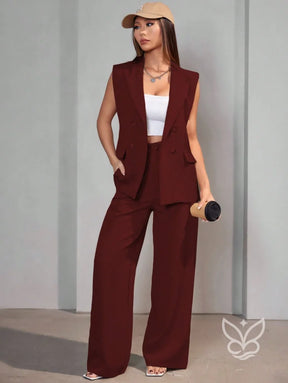 Conjunto Alfaiataria Com Colete Sem Manga E Calça Pantalona Vinho / PP Conjunto Alfaiataria Com Colete Sem Manga E