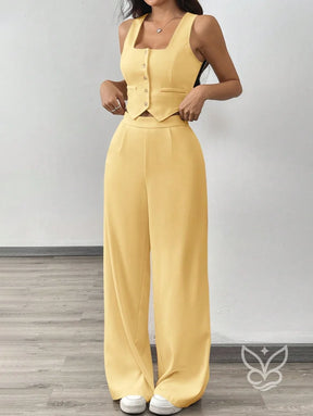 Conjunto Alfaiataria Com Cropped De Alças Largas E Calça Pantalona Amarela / PP Conjunto Alfaiataria Com Cropped De
