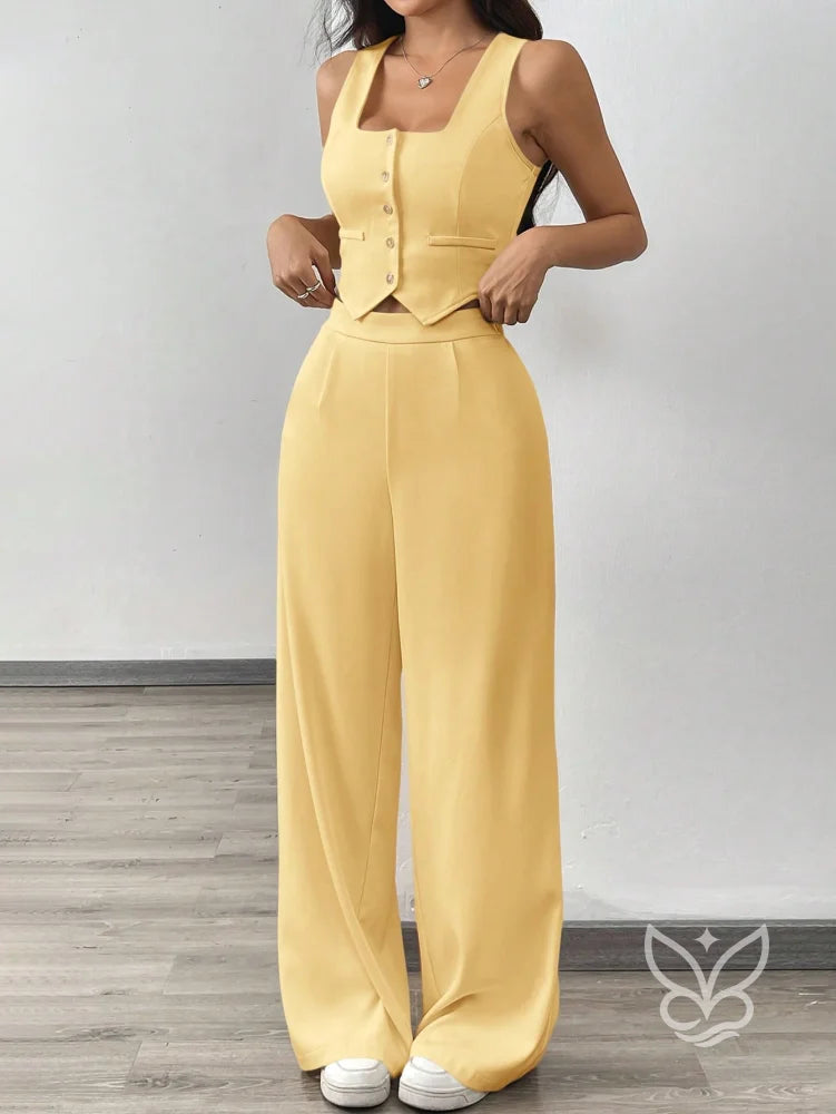 Conjunto Alfaiataria Com Cropped De Alças Largas E Calça Pantalona Amarela / PP Conjunto Alfaiataria Com Cropped De