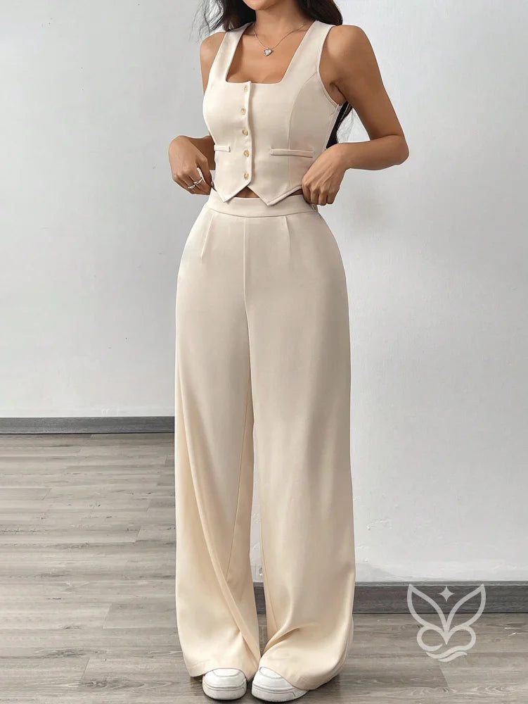 Conjunto Alfaiataria Com Cropped De Alças Largas E Calça Pantalona Damasco / PP Conjunto Alfaiataria Com Cropped De