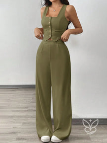 Conjunto Alfaiataria Com Cropped De Alças Largas E Calça Pantalona Verde Militar / PP Conjunto Alfaiataria Com Cropped