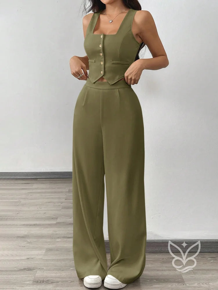 Conjunto Alfaiataria Com Cropped De Alças Largas E Calça Pantalona Verde Militar / PP Conjunto Alfaiataria Com Cropped