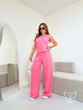 Conjunto Alfaiataria Com Regata E Calça Pantalona Flare Rosa Chiclete / PP Conjunto Alfaiataria Com Regata E Calça