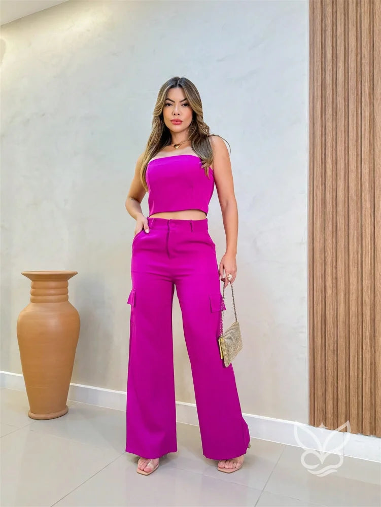 Conjunto Alfaiataria Com Top Cropped E Calça Pantalona Com Bolsos Rosa Pink / PP Conjunto Alfaiataria Com Top Cropped E