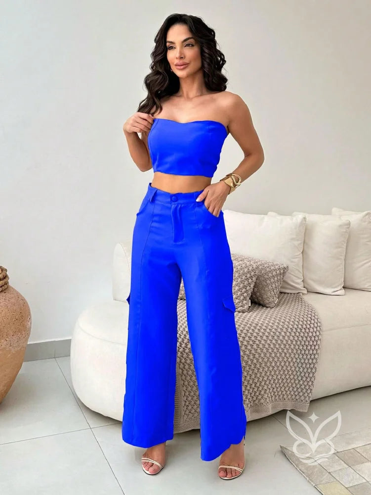Conjunto Alfaiataria Com Top Tomara Que Caia E Calça Pantalona Flare Azul Royal / PP Conjunto Alfaiataria Com Top