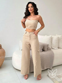 Conjunto Alfaiataria Com Top Tomara Que Caia E Calça Pantalona Flare Bege / PP Conjunto Alfaiataria Com Top Tomara Que